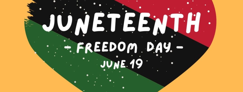 Heart with green, black and red stripes on a yellow background representing Juneteenth