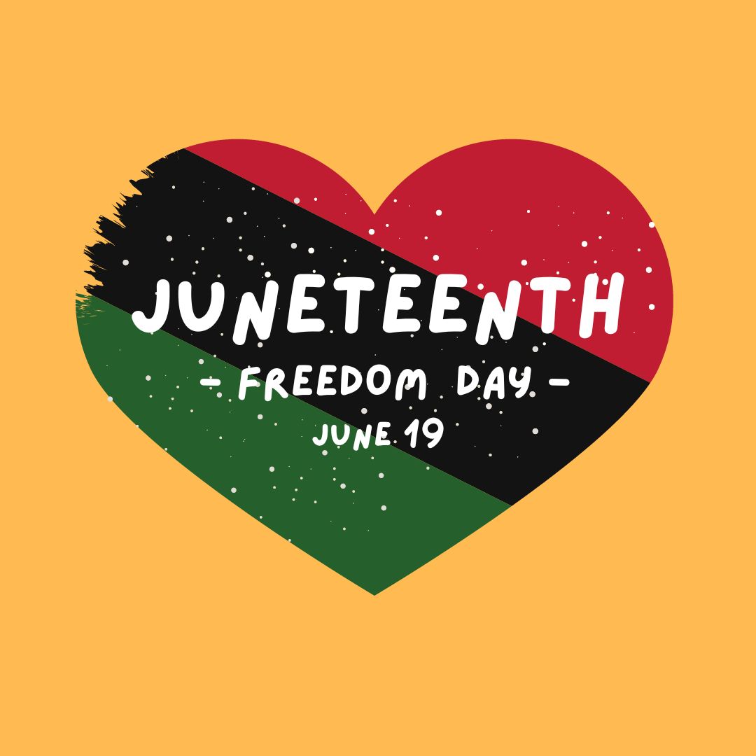 Heart with green, black and red stripes on a yellow background representing Juneteenth