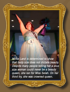 A framed picture of plus sized young woman at a beauty pageant wearing a number 1, 