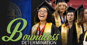 A student dressed in a cap and gown with a big smile at a graduation ceremony surrounded by other graduates