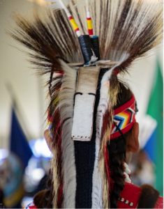 A powwow participant wearing a Native American headdress seen from behind