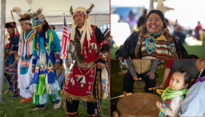 A collage of powwow participants dressed in Native American designed outfits