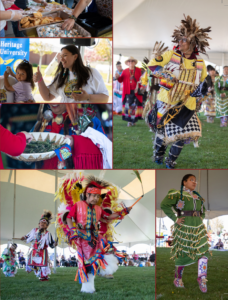 A collage of powwow participants dressed in Native American designed outfits