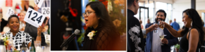 Collage of pictures from the Bounty of the Valley; people holding up bid numbers; a student speaking; guests making a toast.