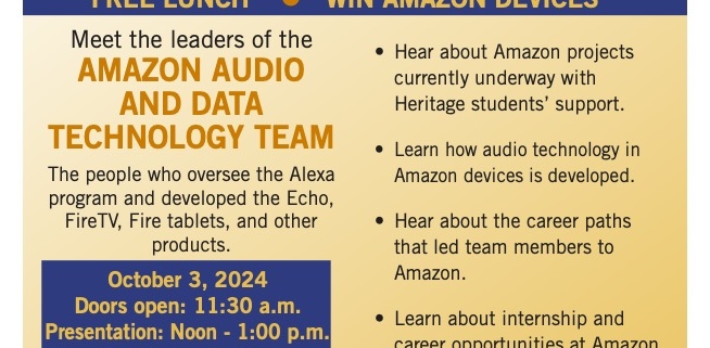 Flyer for the Amazon Audio and Data Technology Team's upcoming visit to Heritage University on October 3, 2024