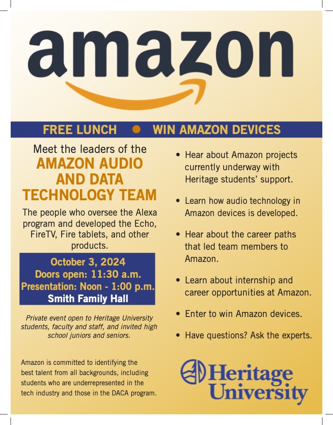 Flyer for the Amazon Audio and Data Technology Team's upcoming visit to Heritage University on October 3, 2024