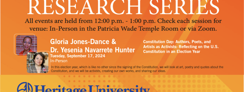 Event announcement for "Constitution Day" with Gloria Jones-Dance and Yesenia Navarrete Hunter