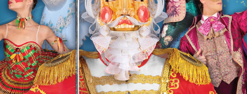 People dressed in ballet outfits with one person dressed as a fancy soldier from the 1800s