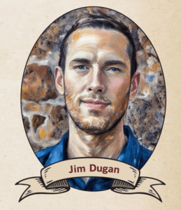 A drawing of a person named Jim Dugan who's wearing a blue shirt