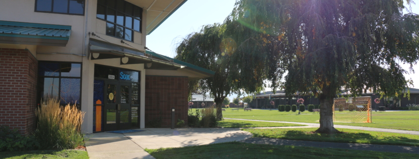 A building with a lawn and trees