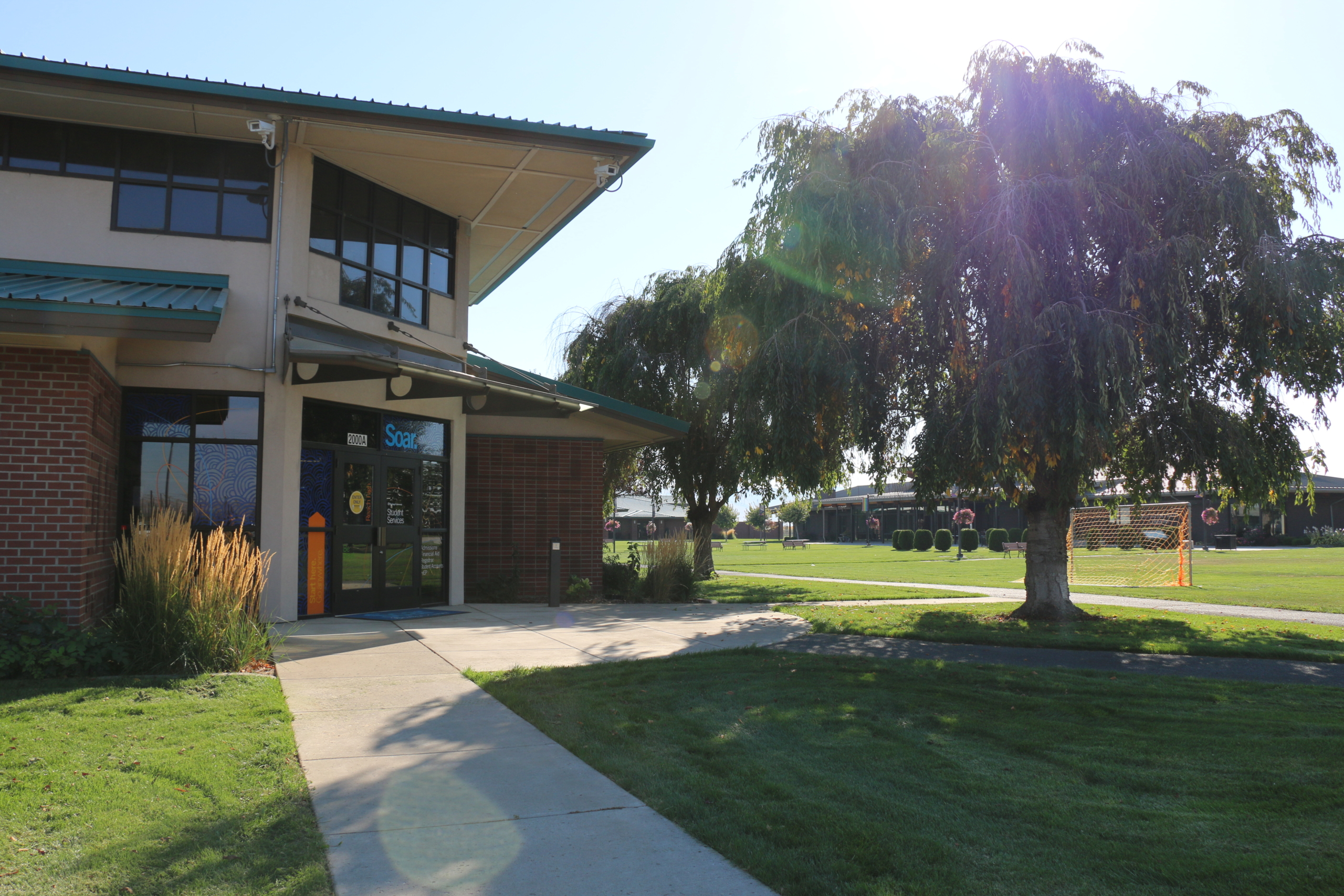A building with a lawn and trees