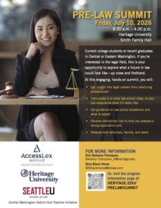 Photograph with overlaid text promoting a Pre-Law Summit event on July 10, 2026, at Heritage University, featuring a woman in business attire holding a scale of justice. Text details event schedule, target audience of college students or recent graduates, key activities like mock law classes and networking, and contact information with logos of AccessLex Institute, Heritage University, and Seattle University.