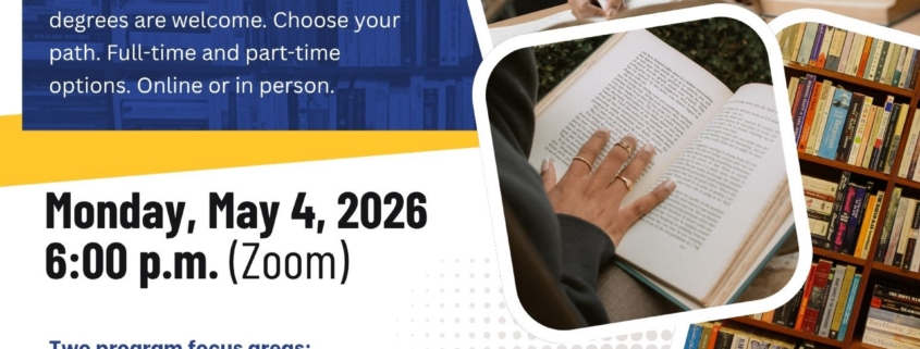 Flyer promoting a virtual open house for a Master of Arts in Multicultural English Literature & Language at Heritage University, scheduled for Monday, May 4, 2026, at 6:00 p.m. (Zoom). Design includes blue and yellow text blocks, photos of people reading books, a library bookshelf, program focus areas for teaching and thesis, a QR code, and Heritage University logo.