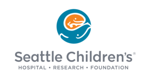 Logo featuring a stylized blue hand cradling an orange infant, representing care and protection. Text below reads 