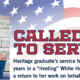 Photograph of a military officer in dress uniform with an American flag background and text titled "CALLED TO SERVE." The context highlights a Heritage graduate's two-plus years in a White House role focused on advocacy for children.