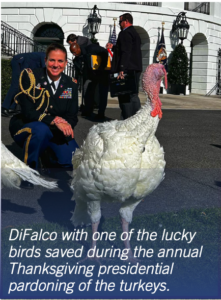 Photograph showing a military officer kneeling beside a large white turkey during the annual Thanksgiving presidential turkey pardoning ceremony outside a government building. The scene includes other officials in the background, American flags, and formal attire, highlighting the tradition of sparing select turkeys from being eaten.