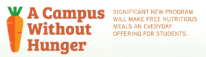 Banner graphic promoting a campus program providing free nutritious meals daily for students. Features a large orange carrot icon on the left with bold orange text highlighting program benefits on a light background.