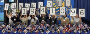 Photograph of a group of people holding large signs that collectively display "THANK YOU! $1,941,096" in a celebratory setting. The scene includes a blue and gold backdrop with a logo, and a collage of smaller photos featuring various individuals is arranged along the bottom.