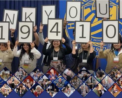 Photograph of a group of people holding large signs that collectively display "THANK YOU! $1,941,096" in a celebratory setting. The scene includes a blue and gold backdrop with a logo, and a collage of smaller photos featuring various individuals is arranged along the bottom.