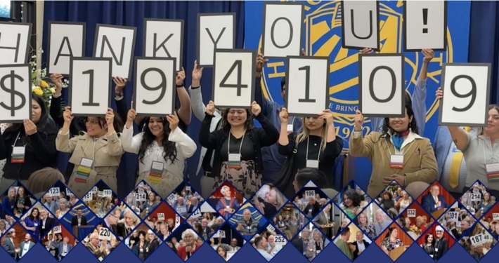 Photograph of a group of people holding large signs that collectively display "THANK YOU! $1,941,096" in a celebratory setting. The scene includes a blue and gold backdrop with a logo, and a collage of smaller photos featuring various individuals is arranged along the bottom.