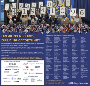 Photograph of a group holding signs that spell out "$1,941,096" celebrating a fundraising milestone for Heritage University’s Bounty of the Valley Scholarship Dinner. Below, a detailed poster lists sponsors, contributors, and event highlights, emphasizing record-breaking donations and community support for higher education access.