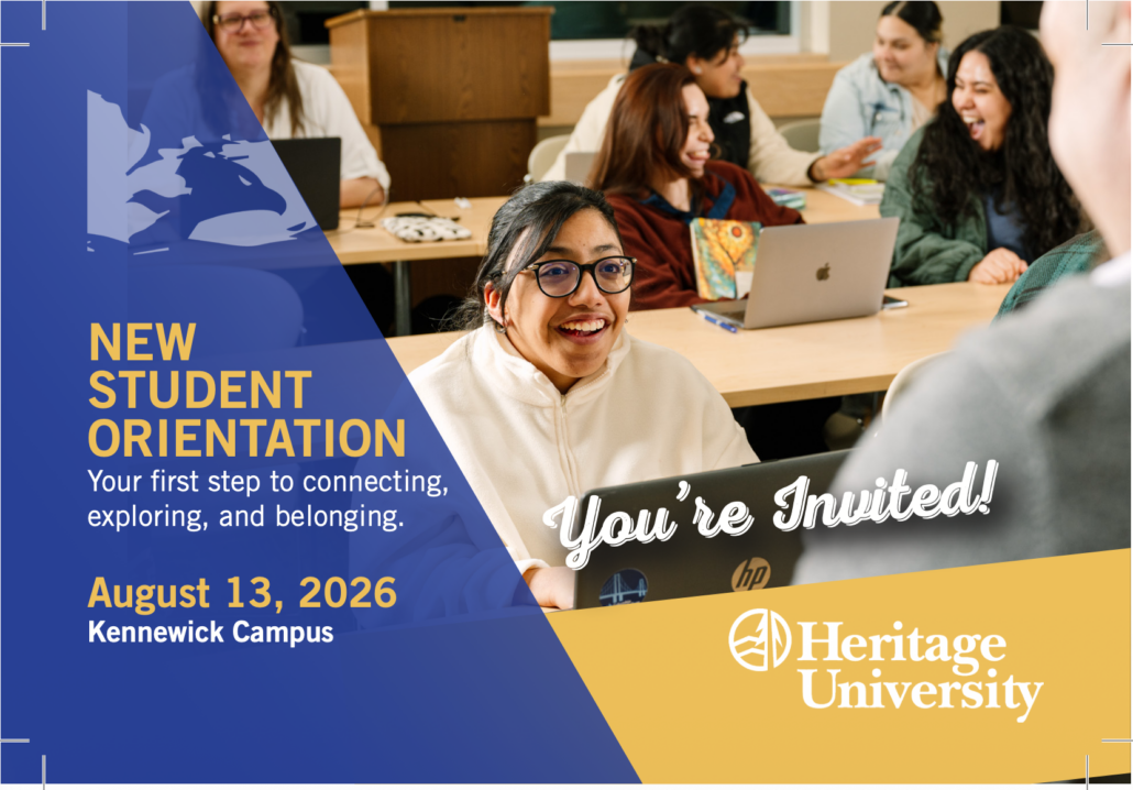 Promotional flyer for Heritage University New Student Orientation scheduled for August 13, 2026, at Kennewick Campus. Features a photograph of smiling students in a classroom with blue and yellow graphic overlays highlighting event details and invitation text.