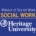 Logo graphic promoting Master of Social Work program at Heritage University, featuring bold yellow text "SOCIAL WORK" above white text "Heritage University" on a blue background. Includes circular emblem with stylized tree design to left of university name, emphasizing academic branding and program focus.