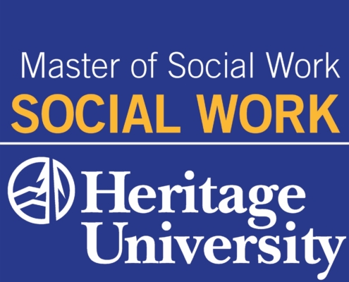 Logo graphic promoting Master of Social Work program at Heritage University, featuring bold yellow text "SOCIAL WORK" above white text "Heritage University" on a blue background. Includes circular emblem with stylized tree design to left of university name, emphasizing academic branding and program focus.