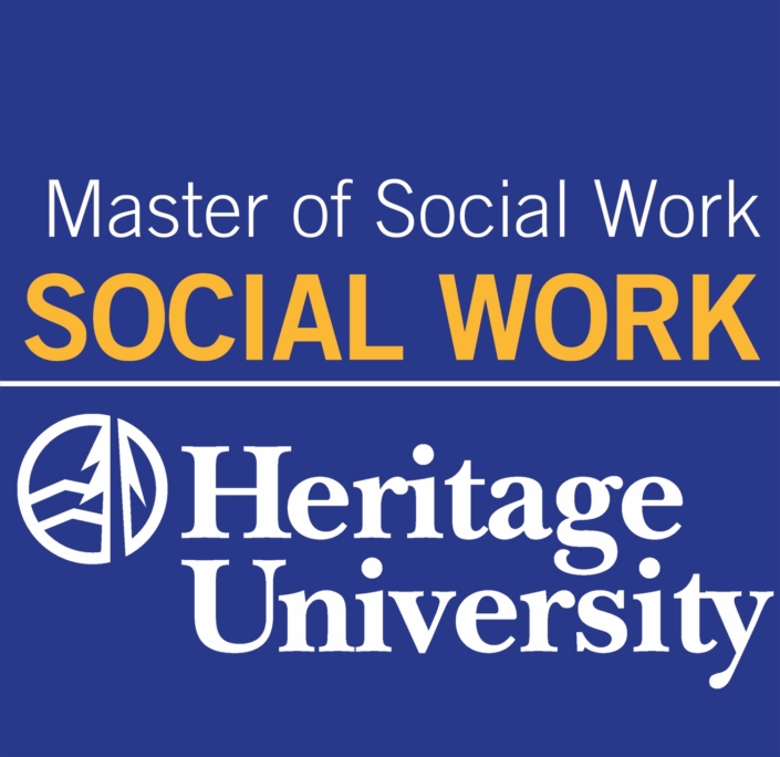Logo graphic promoting Master of Social Work program at Heritage University, featuring bold yellow text "SOCIAL WORK" above white text "Heritage University" on a blue background. Includes circular emblem with stylized tree design to left of university name, emphasizing academic branding and program focus.