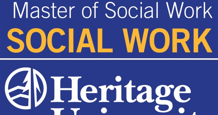 Logo graphic promoting Master of Social Work program at Heritage University, featuring bold yellow text "SOCIAL WORK" above white text "Heritage University" on a blue background. Includes circular emblem with stylized tree design to left of university name, emphasizing academic branding and program focus.