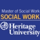 Logo graphic promoting Master of Social Work program at Heritage University, featuring bold yellow text "SOCIAL WORK" above white text "Heritage University" on a blue background. Includes circular emblem with stylized tree design to left of university name, emphasizing academic branding and program focus.