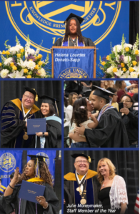A collage of five photographs from a university graduation ceremony featuring graduates receiving diplomas, celebrating with family, and a speaker at a podium with a blue and gold university emblem backdrop. Key elements include academic regalia, diploma covers, floral arrangements, and a banner naming Helena Lourdes Donato-Sapp and Julie Moneymaker, Staff Member of the Year.