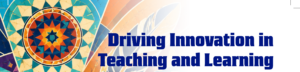 A colorful banner featuring a geometric mandala design on the left and a feather graphic on the right, with bold blue text reading "Driving Innovation in Teaching and Learning." The design uses vibrant shades of orange, blue, and green to emphasize creativity and educational progress.