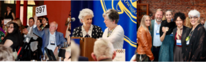Photograph collage showing three scenes from a professional event: an auction with a man holding a "397" paddle, two elderly women conversing near a podium with a blue and gold emblem, and a group of six people posing together in front of a brick wall. The images highlight social interaction, engagement, and networking among diverse attendees in a formal setting.