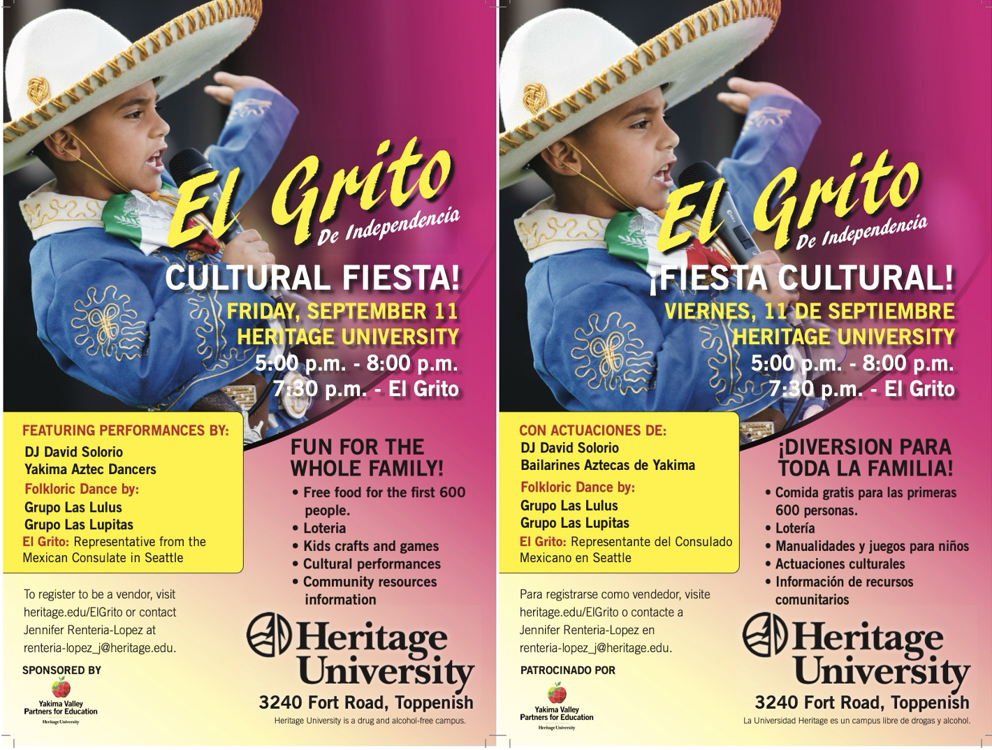 Side-by-side bilingual flyer promoting "El Grito de Independencia" cultural fiesta at Heritage University, featuring a young boy in traditional Mexican attire against a magenta background. Event details include date, time, location, performances by DJ David Solorio and various dance groups, free food for first 600 attendees, crafts, cultural performances, and community resources, with text in English on left and Spanish on right.